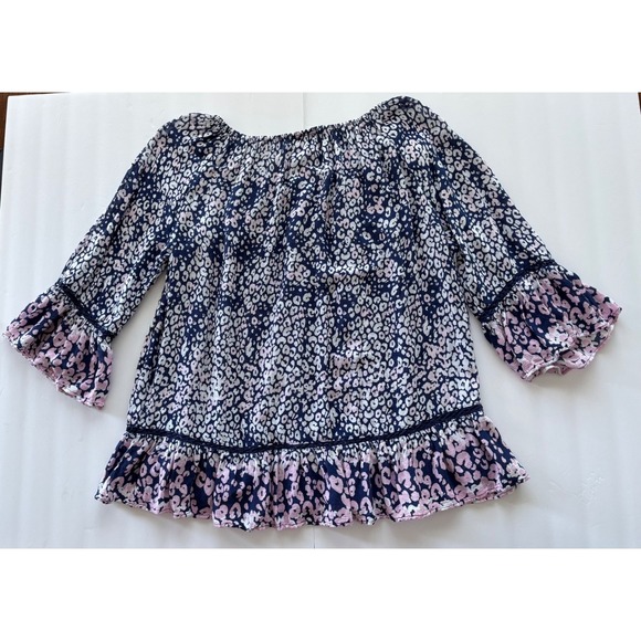 Trending‎ Animal Print Ruffle Hem Boho Blouse Navy Pink Bell Sleeve  Size M - Picture 4 of 8
